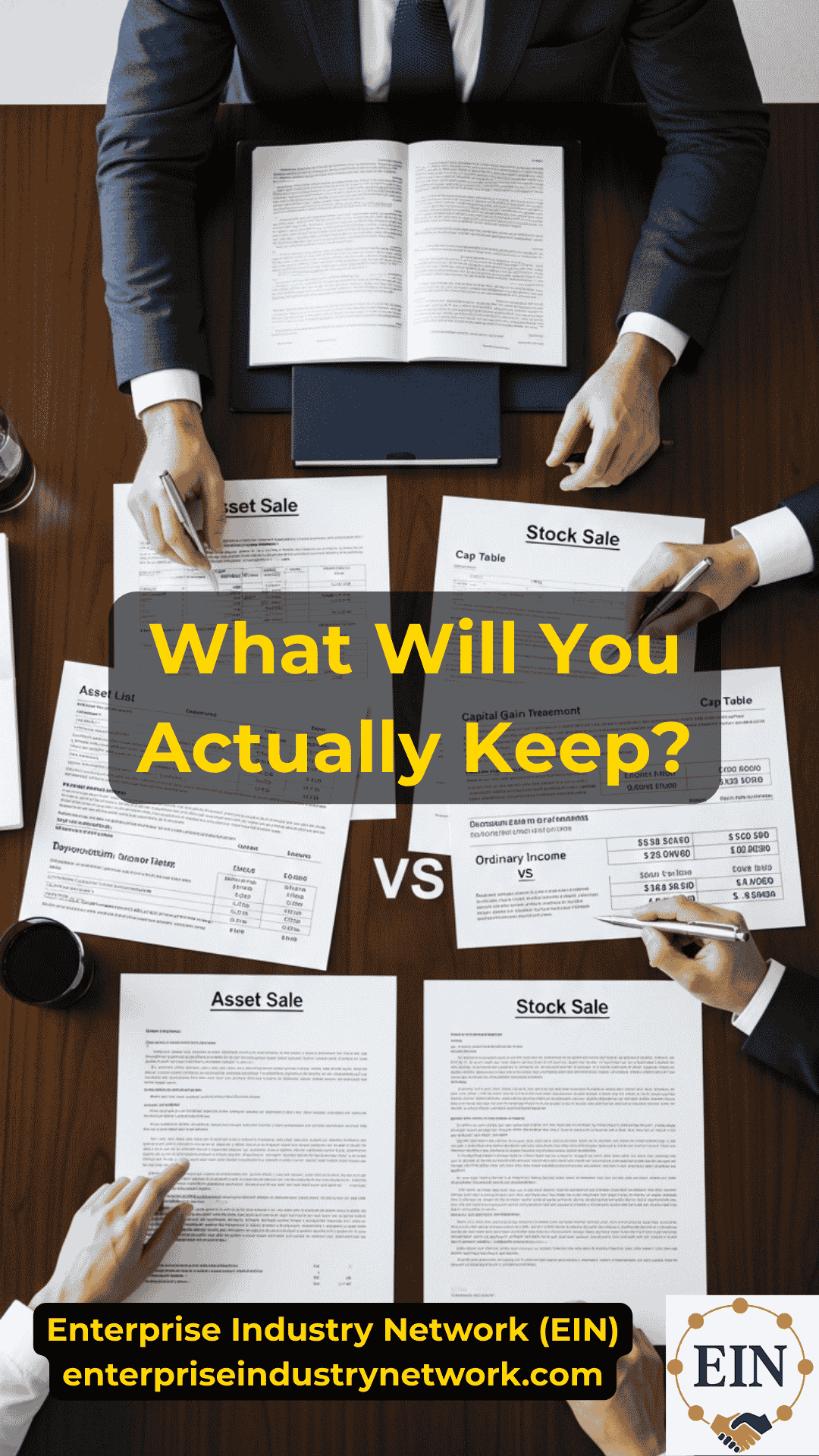Business owner reviewing taxes, purchase price allocation, deal structure, seller proceeds, and after-tax business sale value with EIN Business Brokers