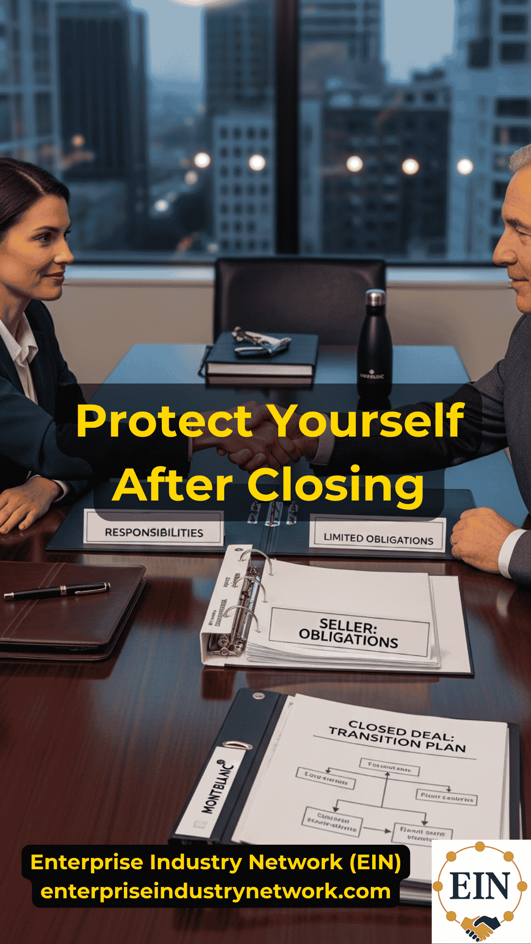 Business seller reviewing post-closing risks including indemnification, escrow, seller financing, earnouts, working capital, and personal guarantees with EIN Business Brokers
