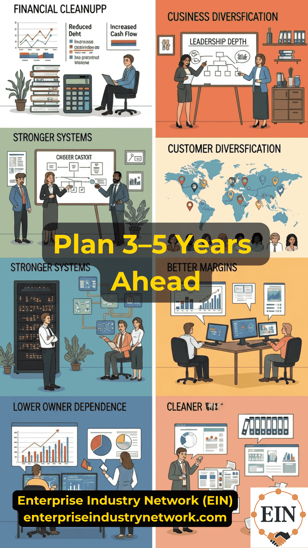 Business owner creating a three-to-five-year exit plan focused on valuation, EBITDA growth, customer diversification, management strength, and seller readiness with EIN Business Brokers