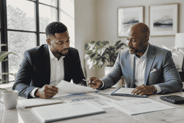 Business buyer reviewing acquisition loan readiness documents with a funding advisor