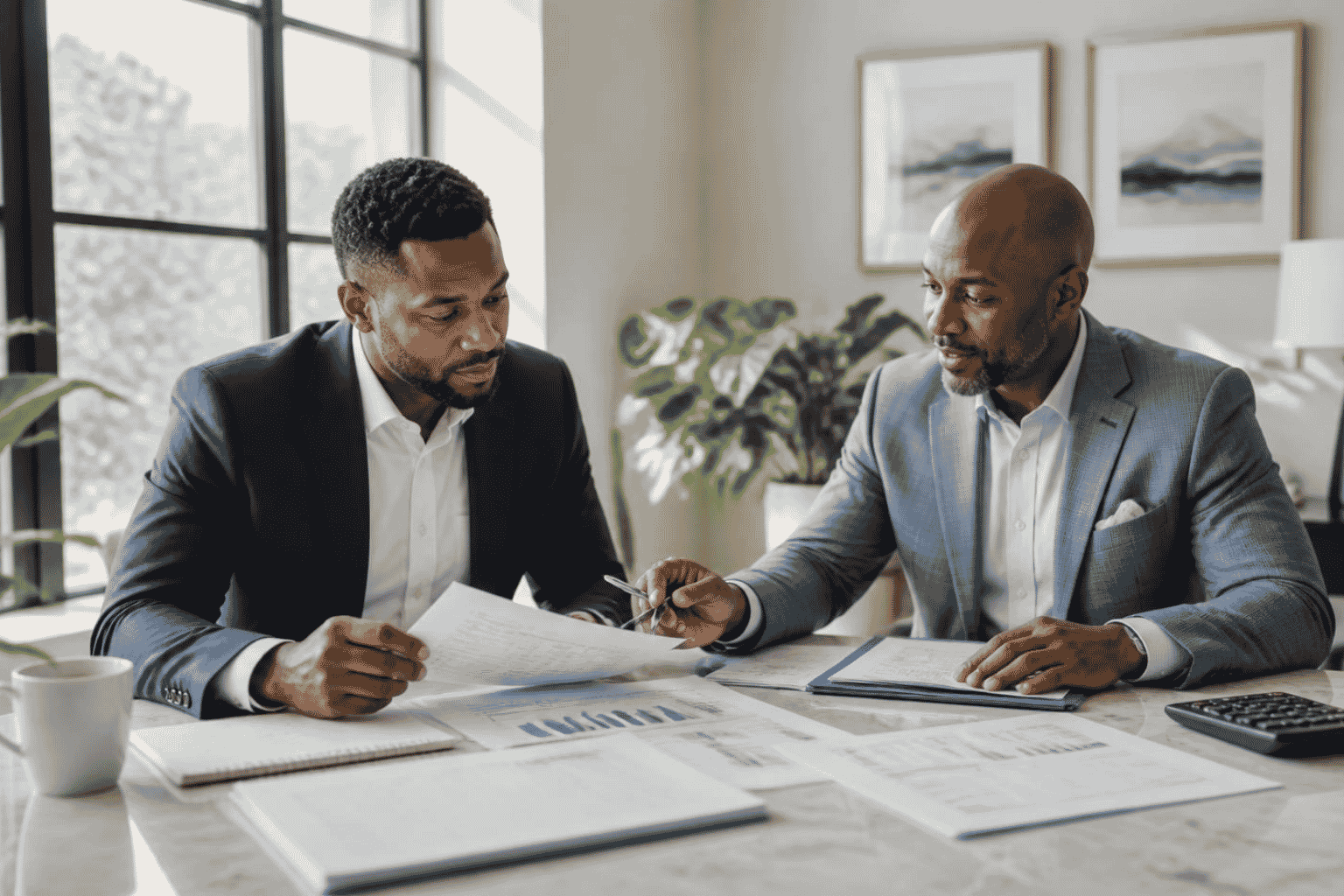 Business buyer reviewing acquisition loan readiness documents with a funding advisor