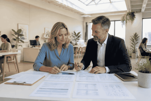 Business owner reviewing AI implementation funding with a funding advisor