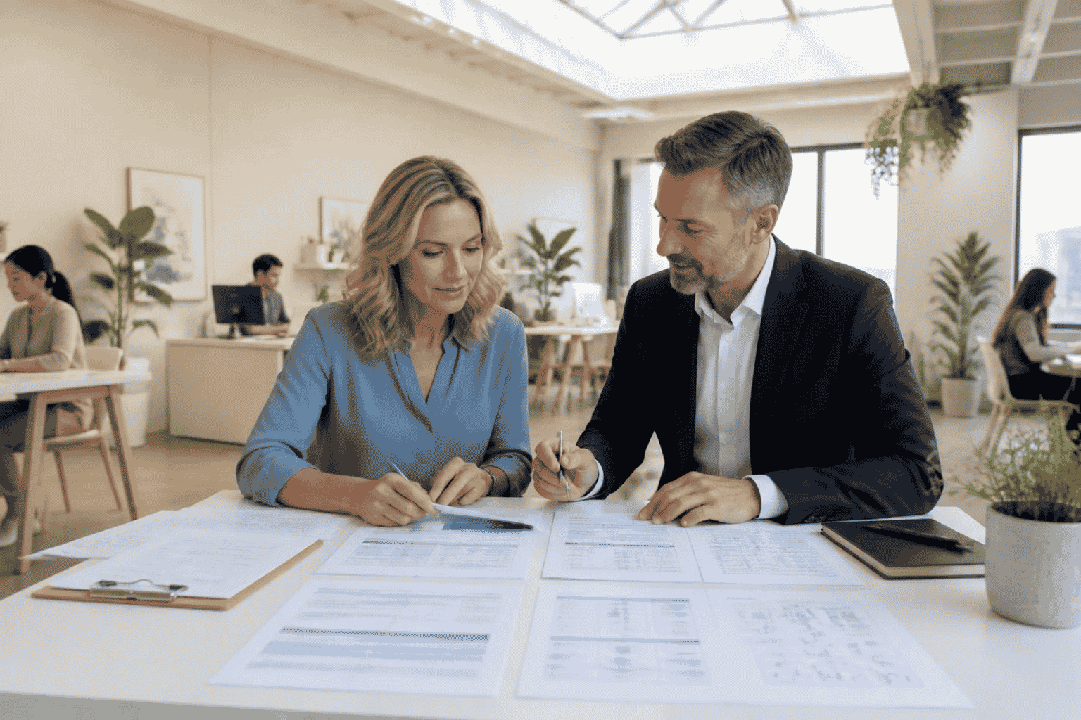 Business owner reviewing AI implementation funding with a funding advisor