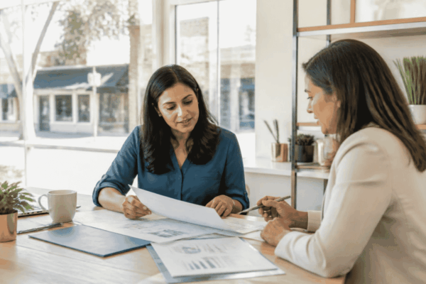 Small business owner reviewing alternative loan readiness documents with a funding advisor