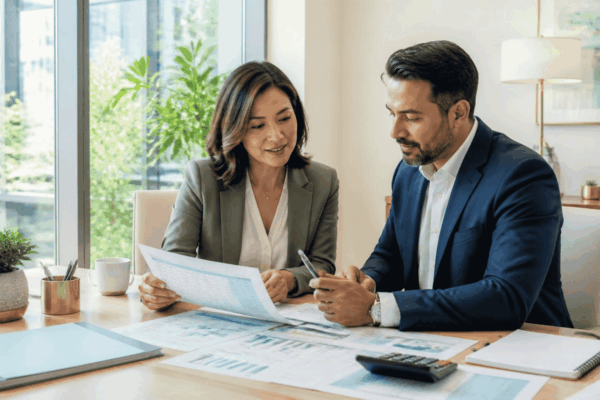 Business owner reviewing bank statements with a funding specialist before applying for financing