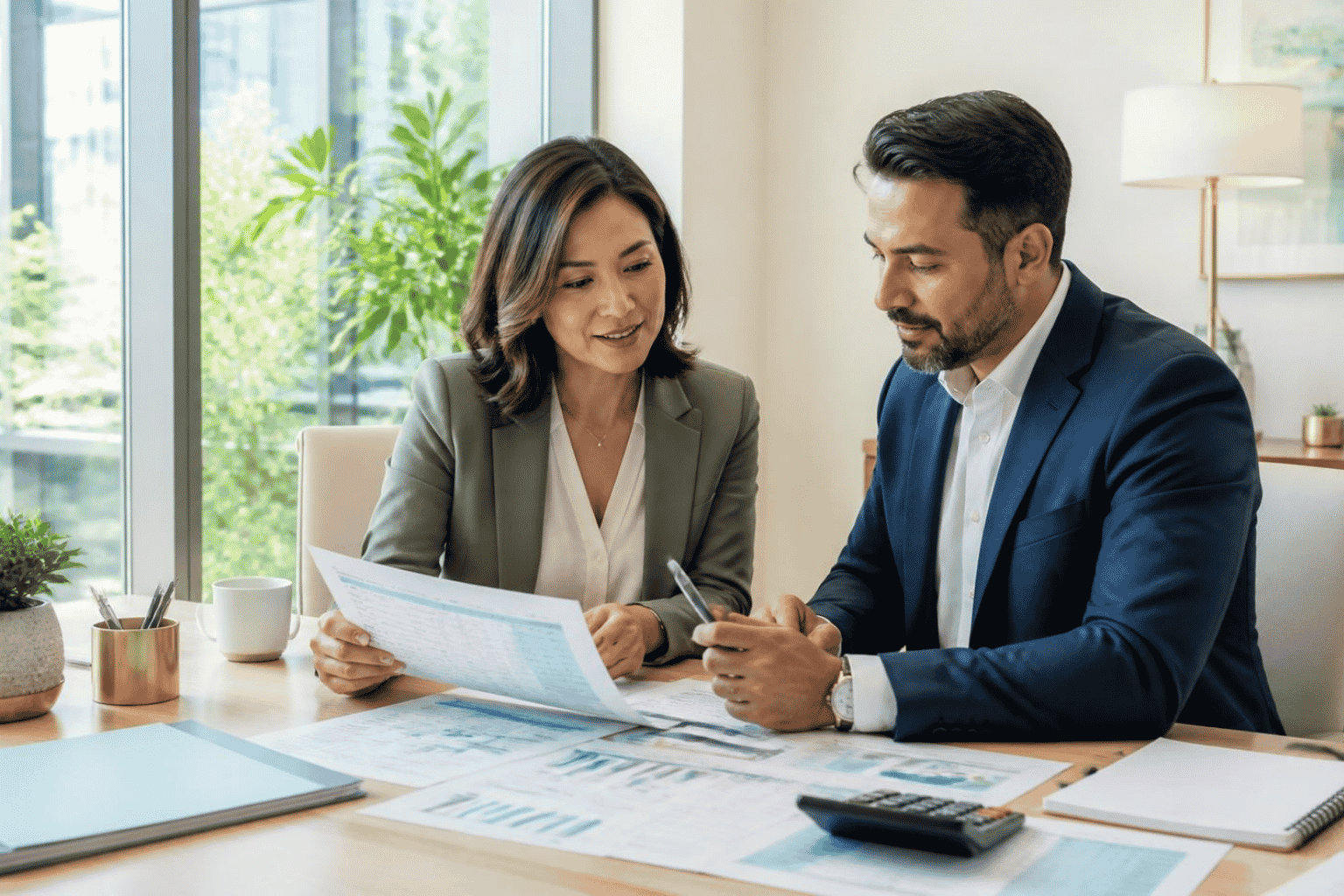 Business owner reviewing bank statements with a funding specialist before applying for financing