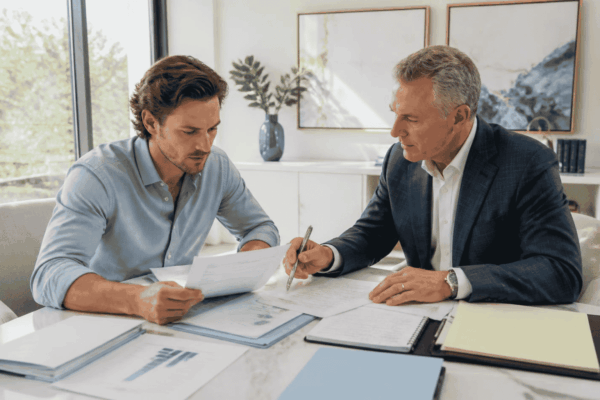 Business buyer reviewing acquisition financing readiness with a funding advisor