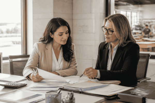 Business buyer reviewing a lender-ready acquisition funding file with a financial advisor