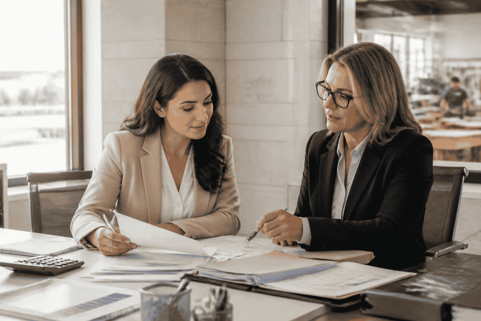 Business buyer reviewing a lender-ready acquisition funding file with a financial advisor