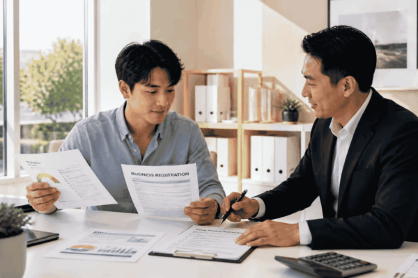 Startup founder reviewing business credit card readiness documents with a funding specialist