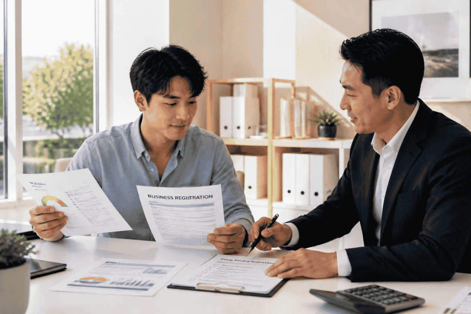 Startup founder reviewing business credit card readiness documents with a funding specialist