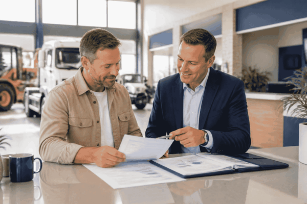 Business owner and funding advisor reviewing equipment financing for machinery or commercial vehicles