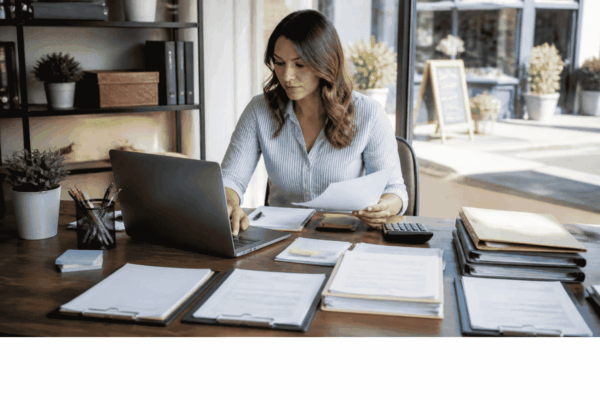 Business owner organizing lender ready information before applying for business funding
