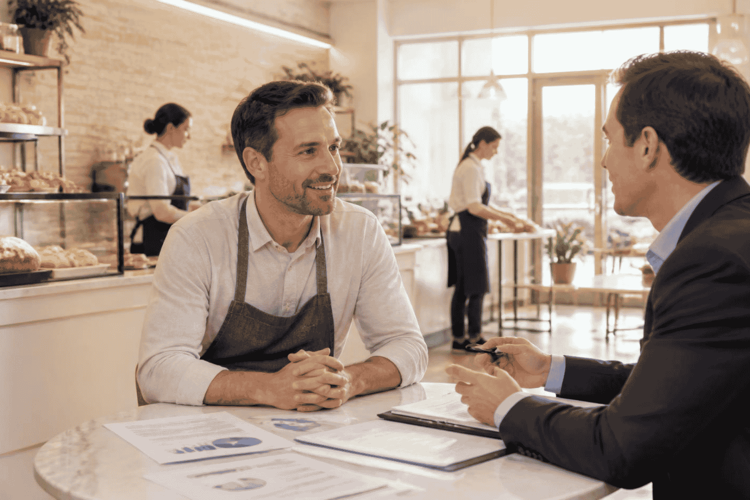 Business owner and funding advisor reviewing lender qualification requirements