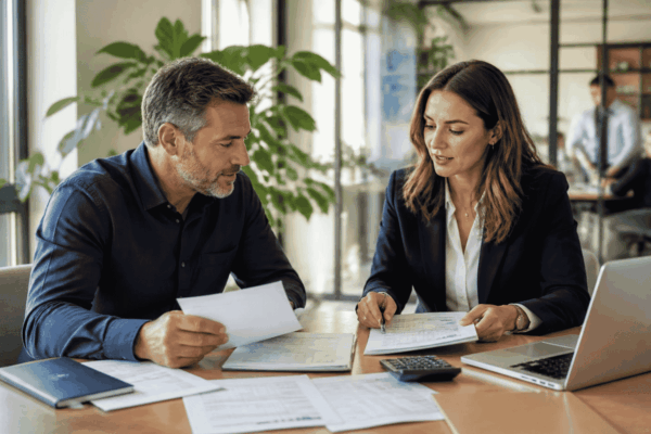 Business owner reviewing credit, revenue, banking and debt information for a funding application