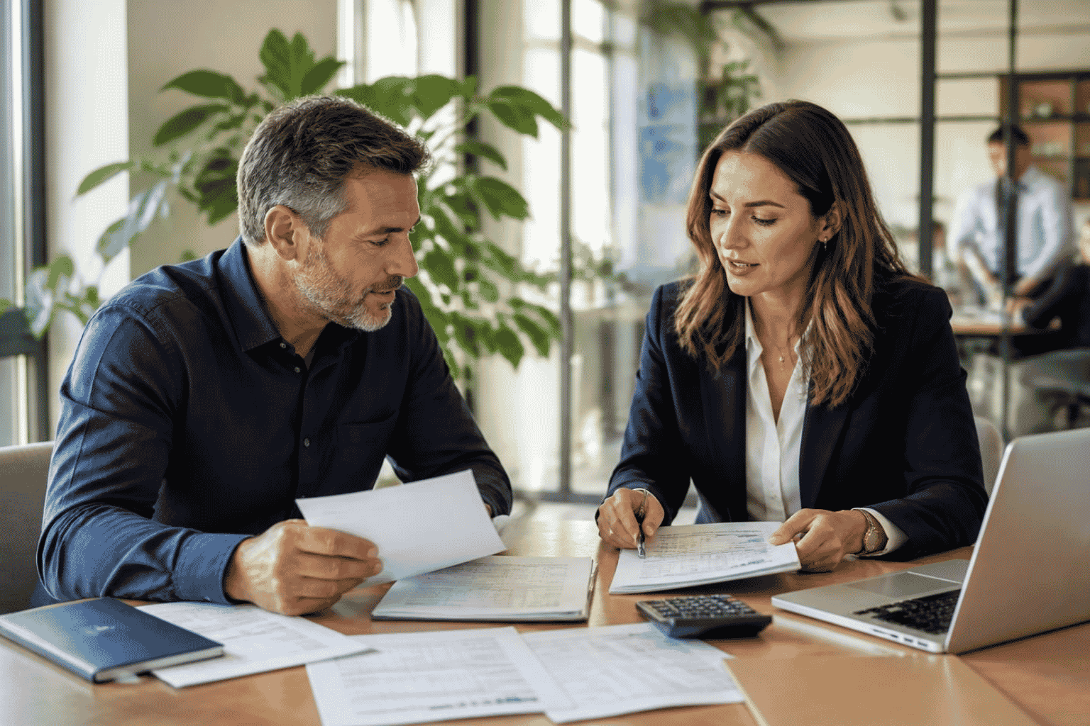 Business owner reviewing credit, revenue, banking and debt information for a funding application