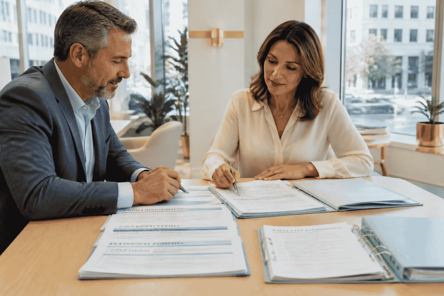 Established business owner reviewing line of credit readiness documents with a funding advisor