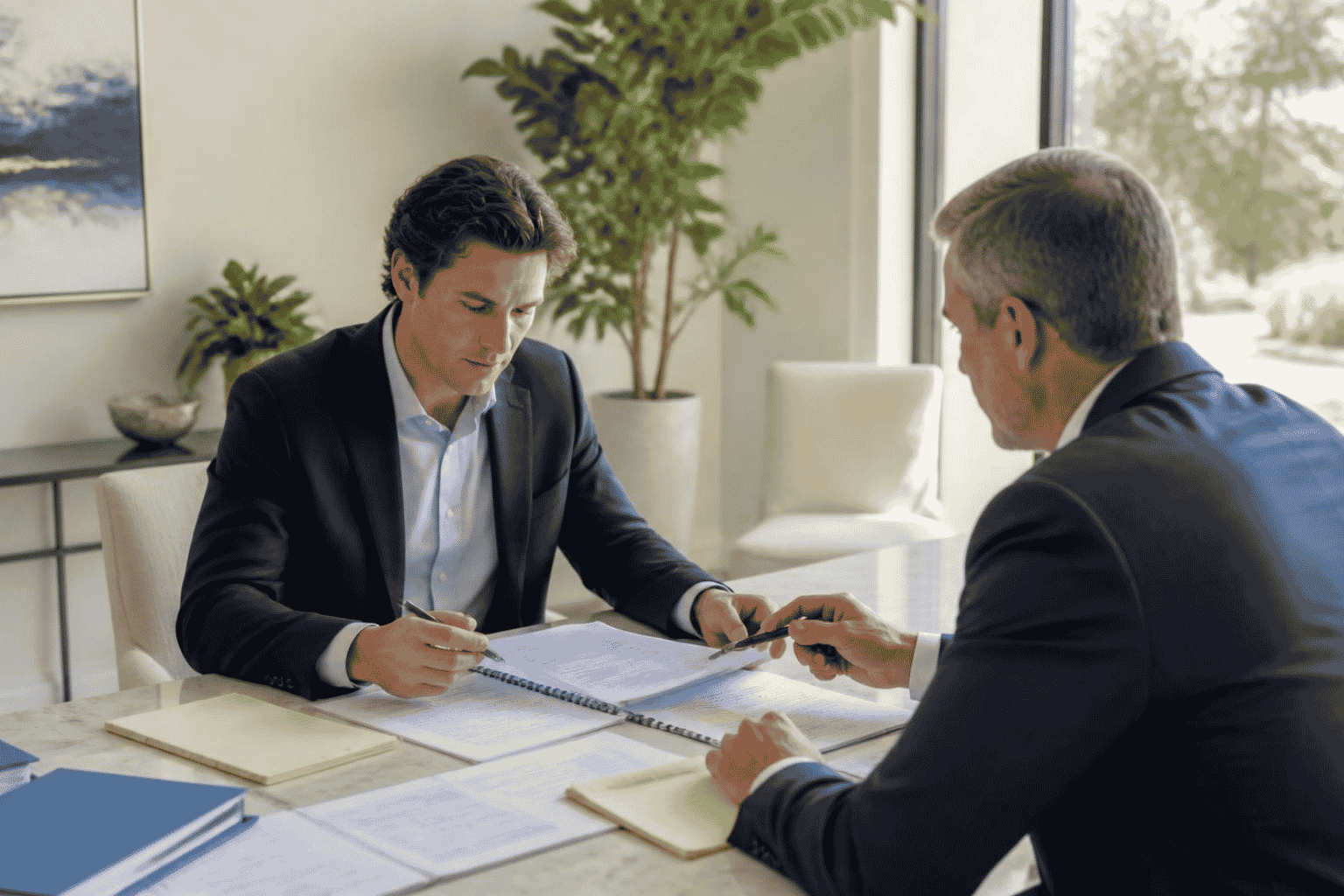 Business buyer reviewing purchase financing and down payment planning with a funding advisor