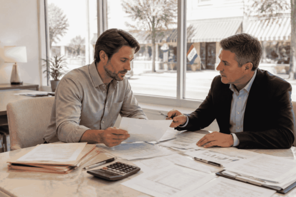 Prospective business buyer reviewing credit, revenue and debt information before seeking financing
