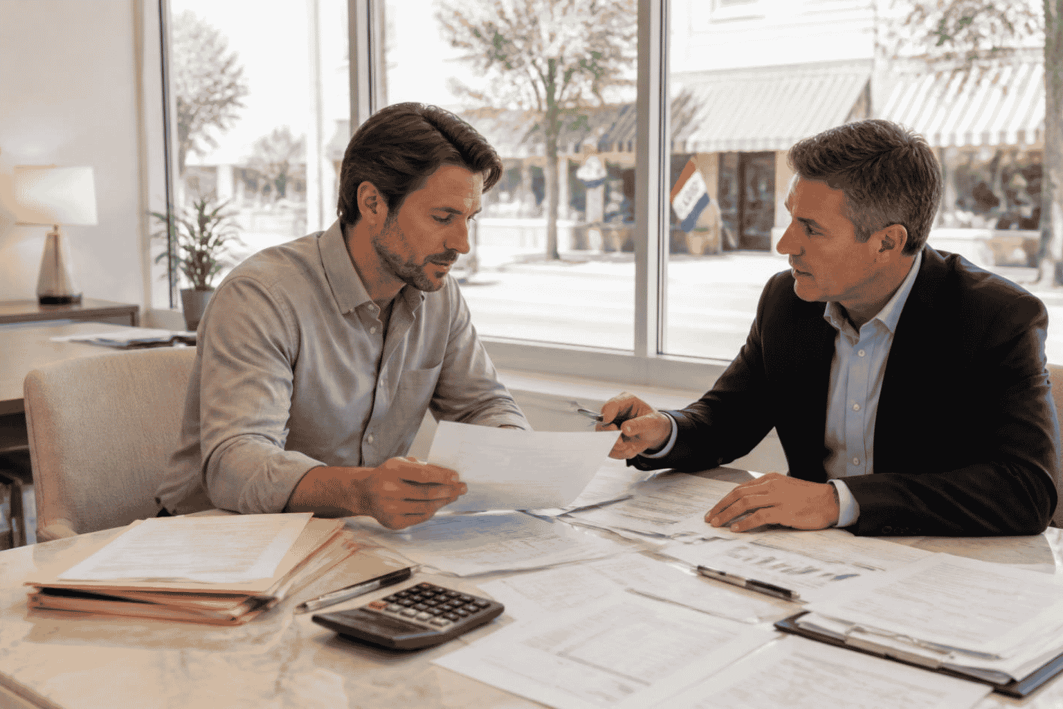 Prospective business buyer reviewing credit, revenue and debt information before seeking financing
