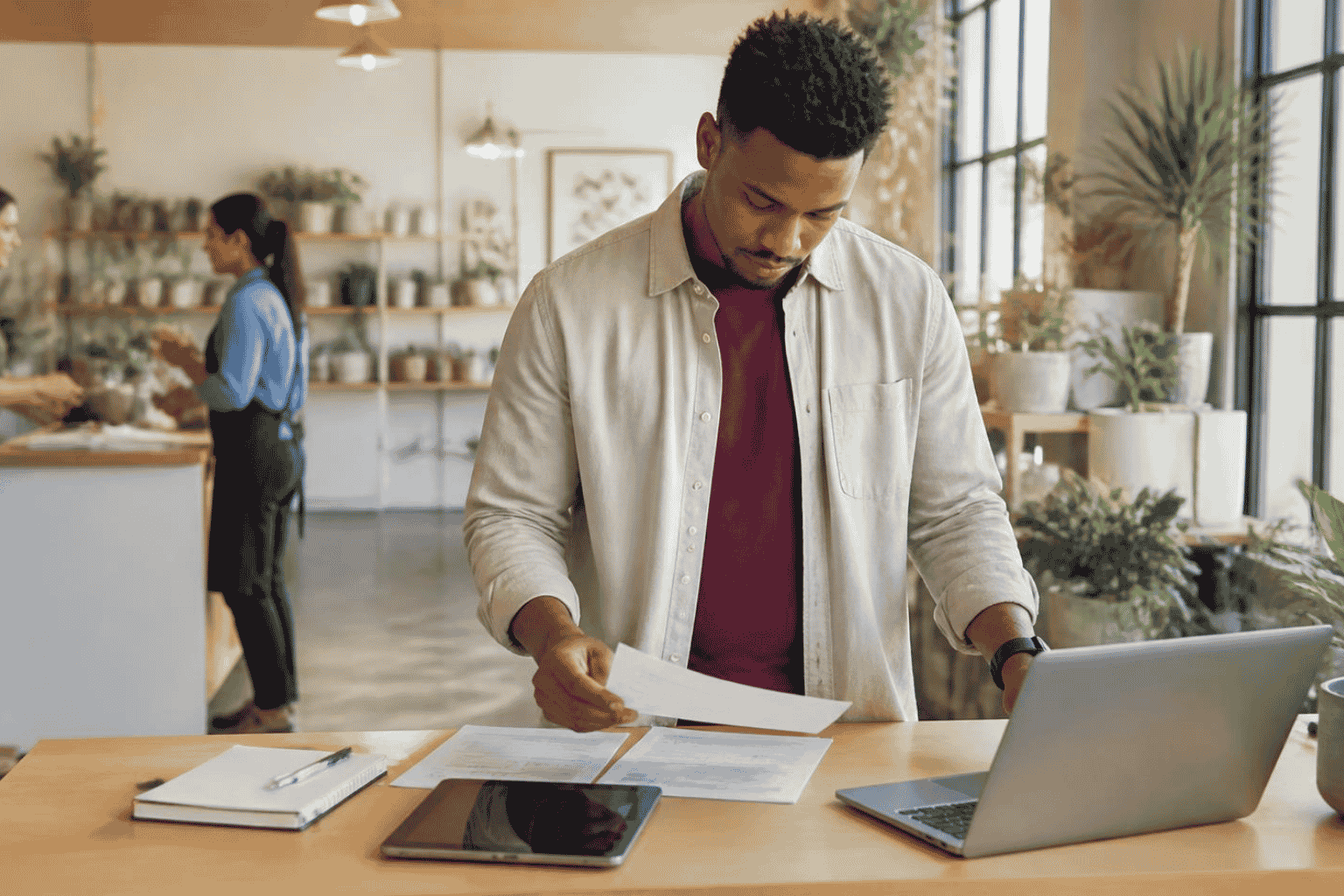 Young business owner reviewing revenue and bank deposits while exploring funding options