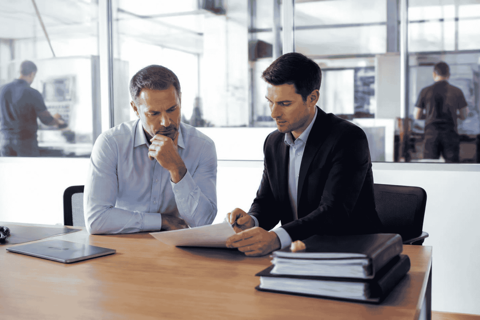 Business owner and broker reviewing an unsolicited buyer inquiry before sharing confidential financial information
