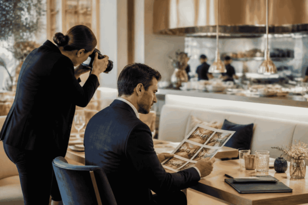 Seller and listing specialist preparing a confidential business-for-sale listing for qualified buyers