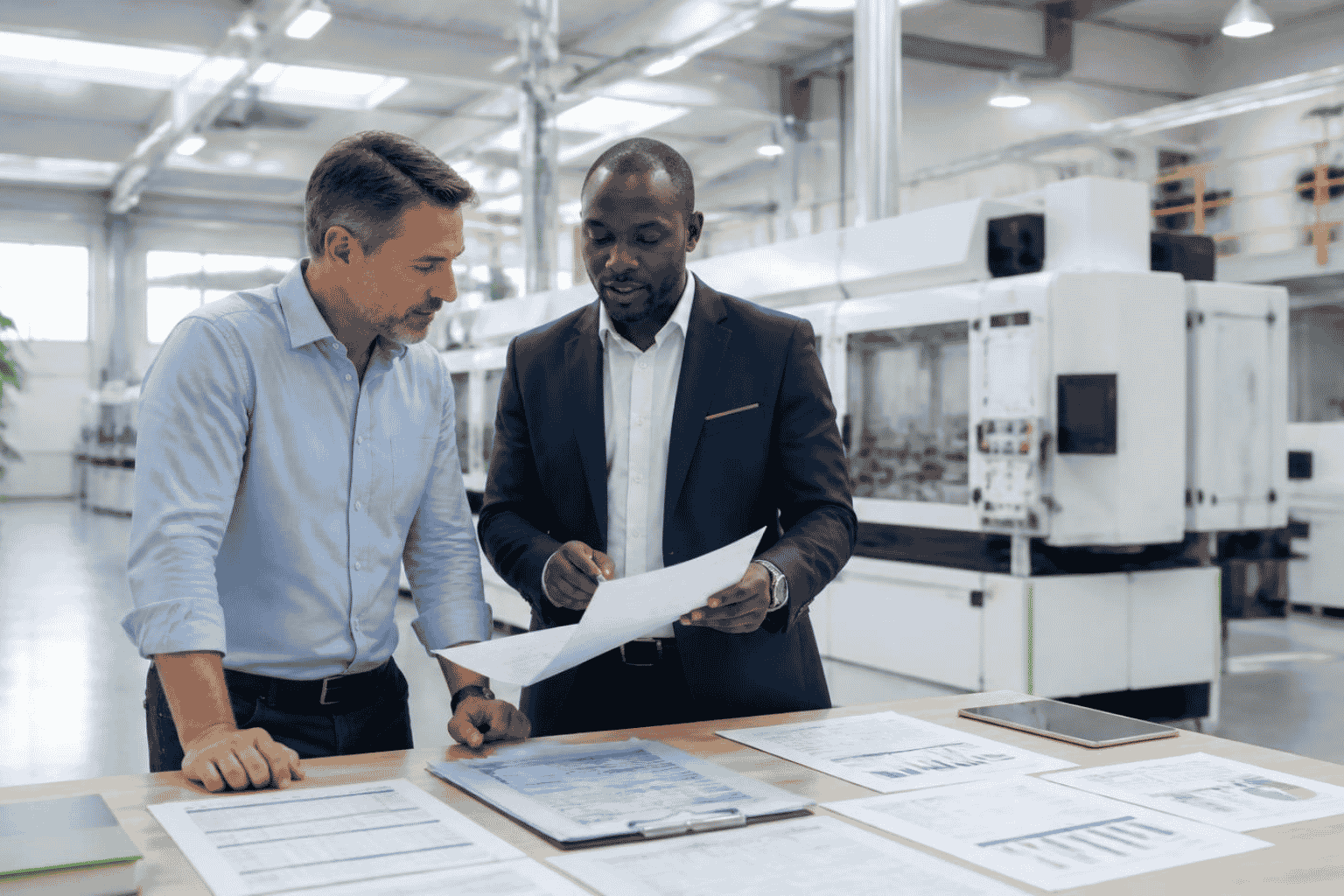 Business owner reviewing equipment financing documents beside modern machinery