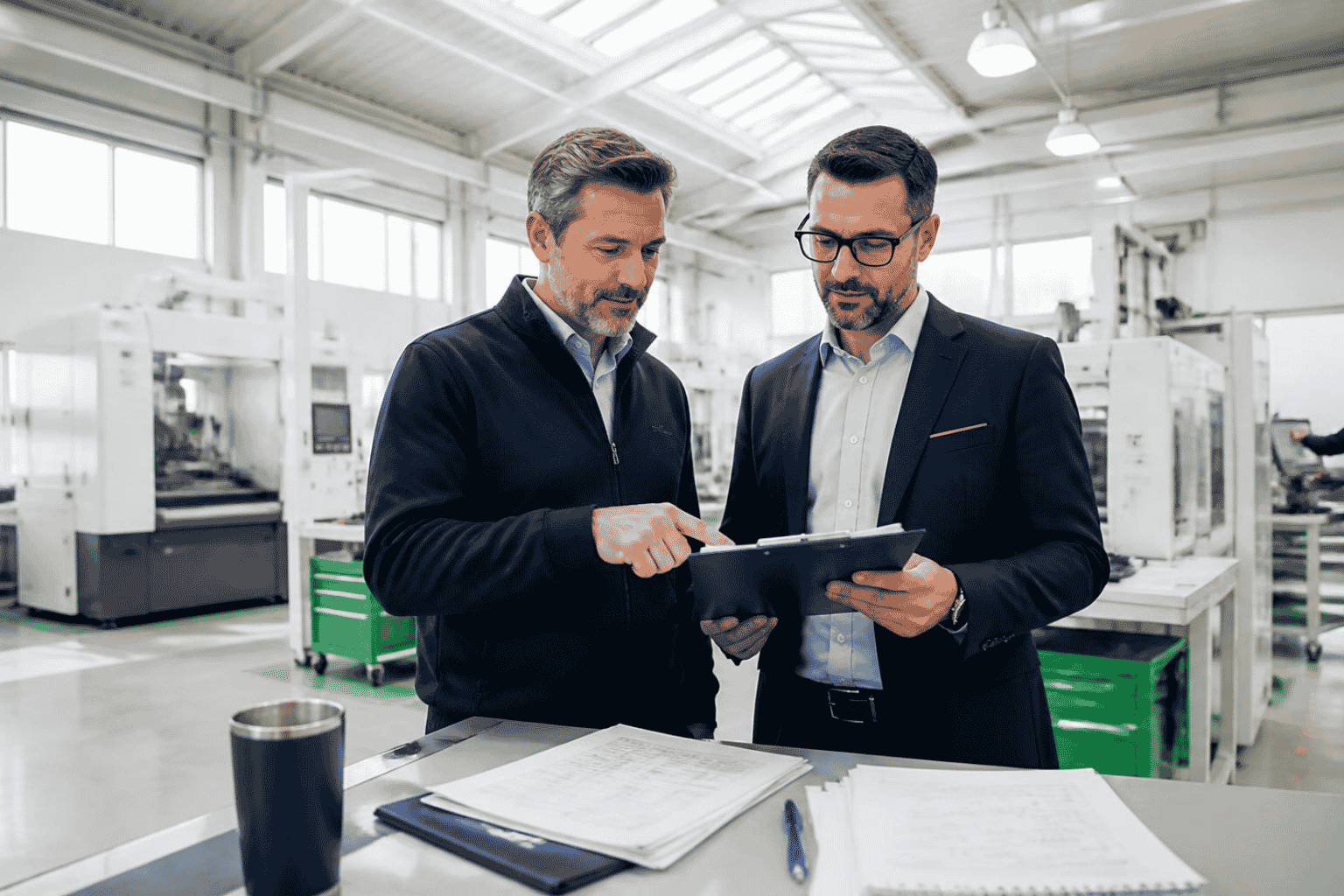 Business owner reviewing equipment financing readiness beside manufacturing machinery