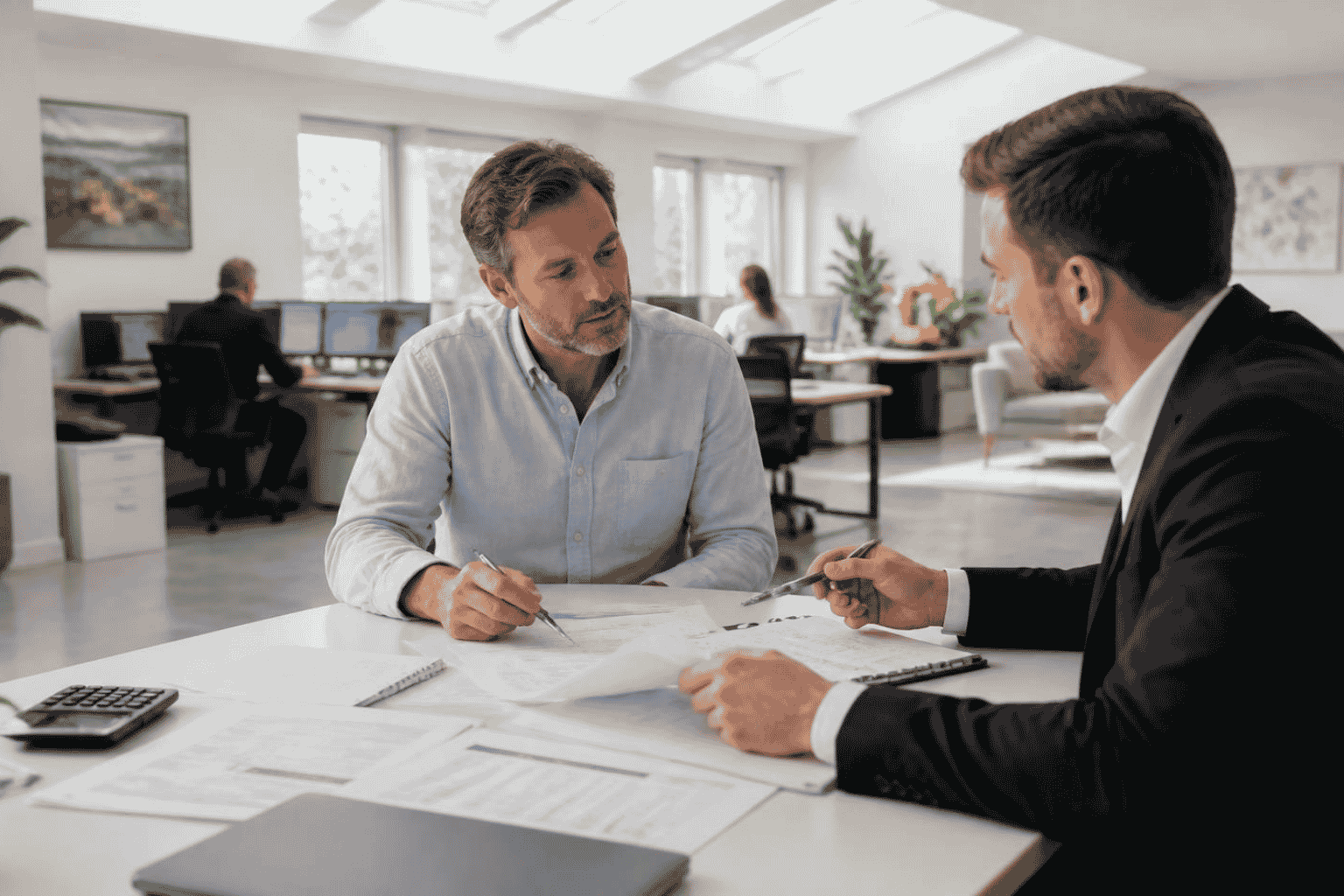 Business owner reviewing equipment and software financing documents with a funding advisor