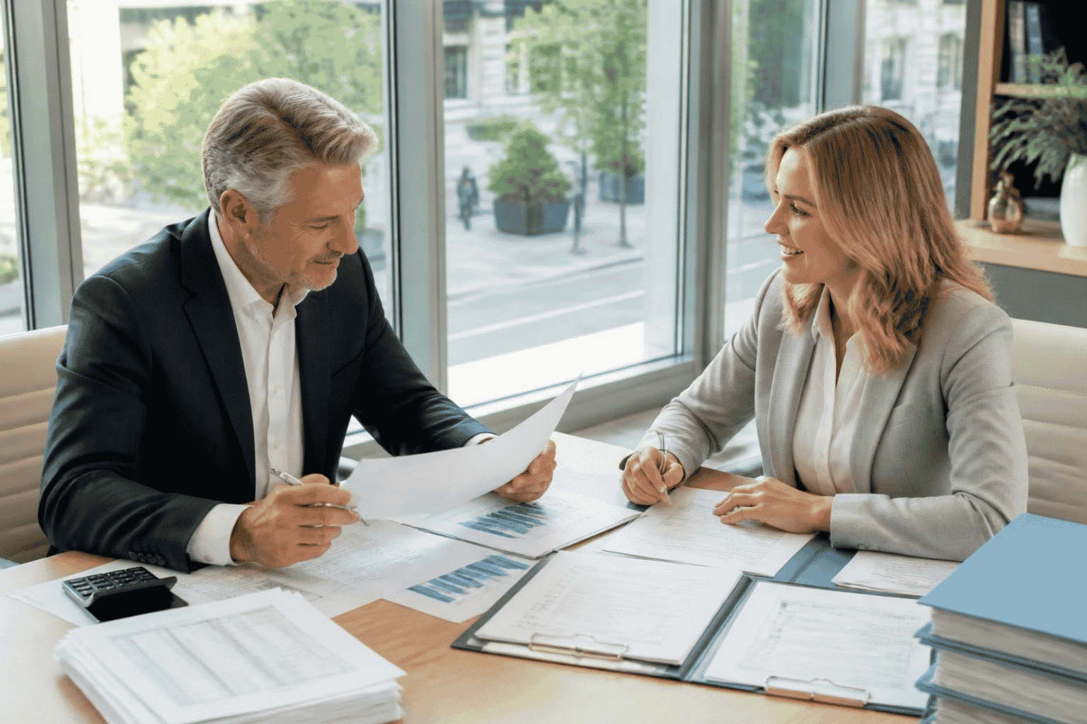 Established business owner reviewing line of credit readiness documents with a funding advisor
