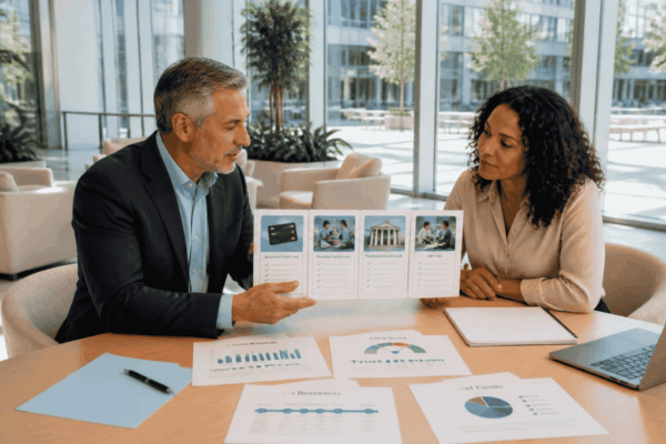 Business owner comparing funding options based on credit, revenue, and business stage