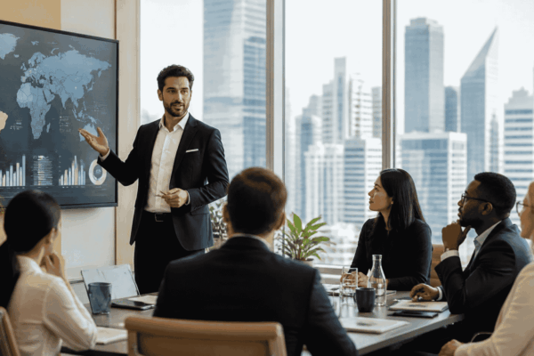 Growth company founder presenting an internationally scalable business to potential investors