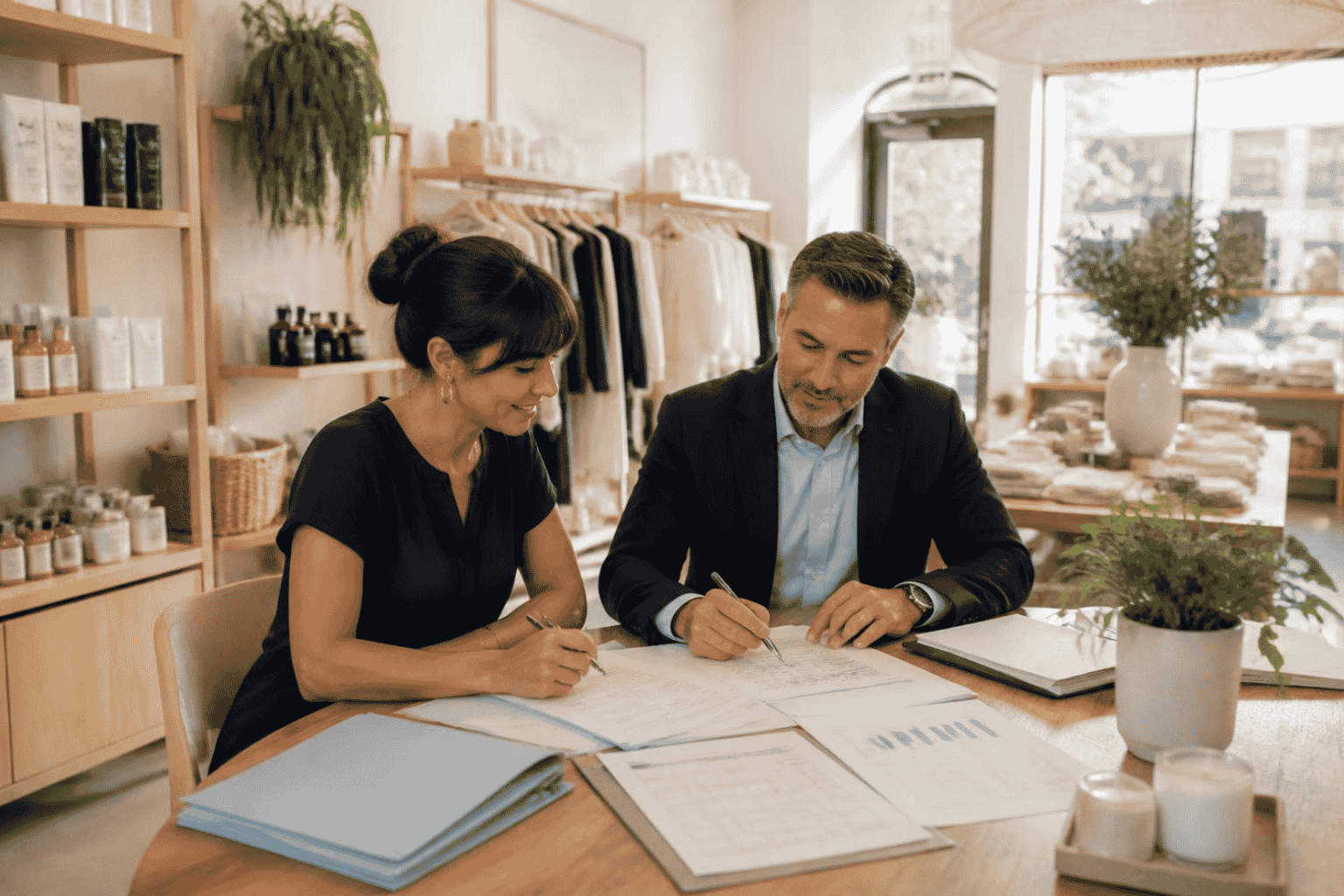 Retail owner reviewing inventory funding needs with a funding advisor