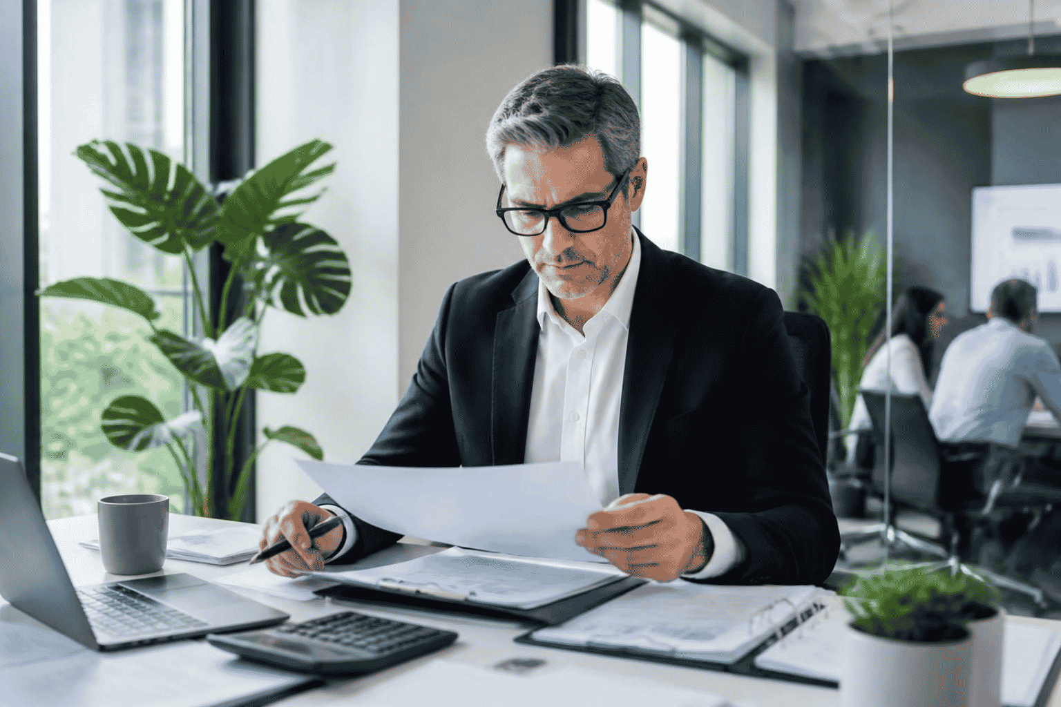 Business owner and funding advisor reviewing an unpaid B2B invoice for possible invoice financing