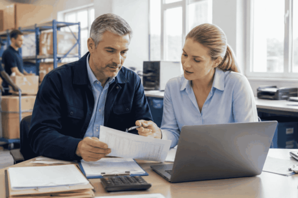 Business owner reviewing unpaid customer invoices while exploring invoice financing for working capital