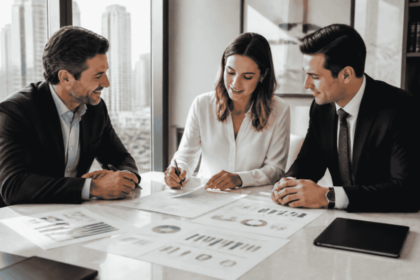 Business owner buyer and attorney reviewing a letter of intent before a business transaction