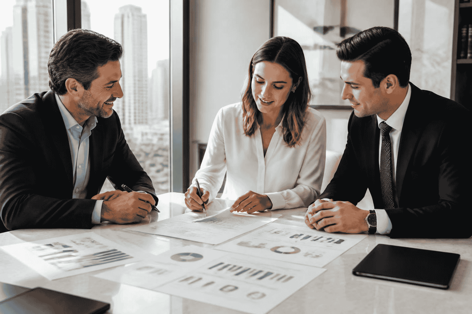 Business owner buyer and attorney reviewing a letter of intent before a business transaction