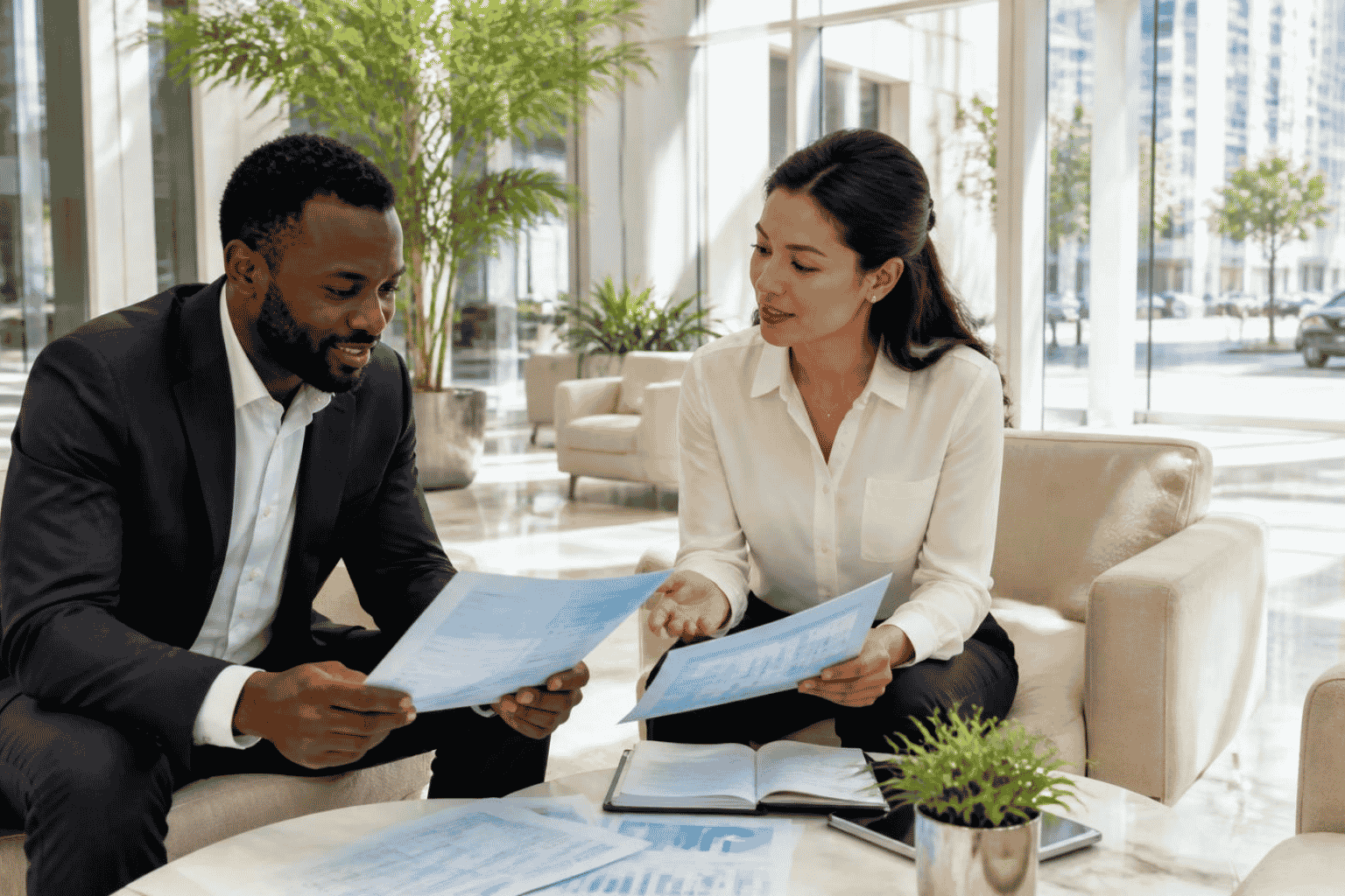 Business owner reviewing market entry funding plans with a funding advisor
