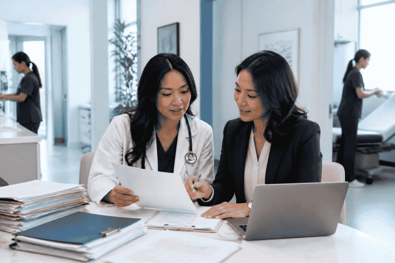 Medical practice owner reviewing funding readiness documents with a funding advisor