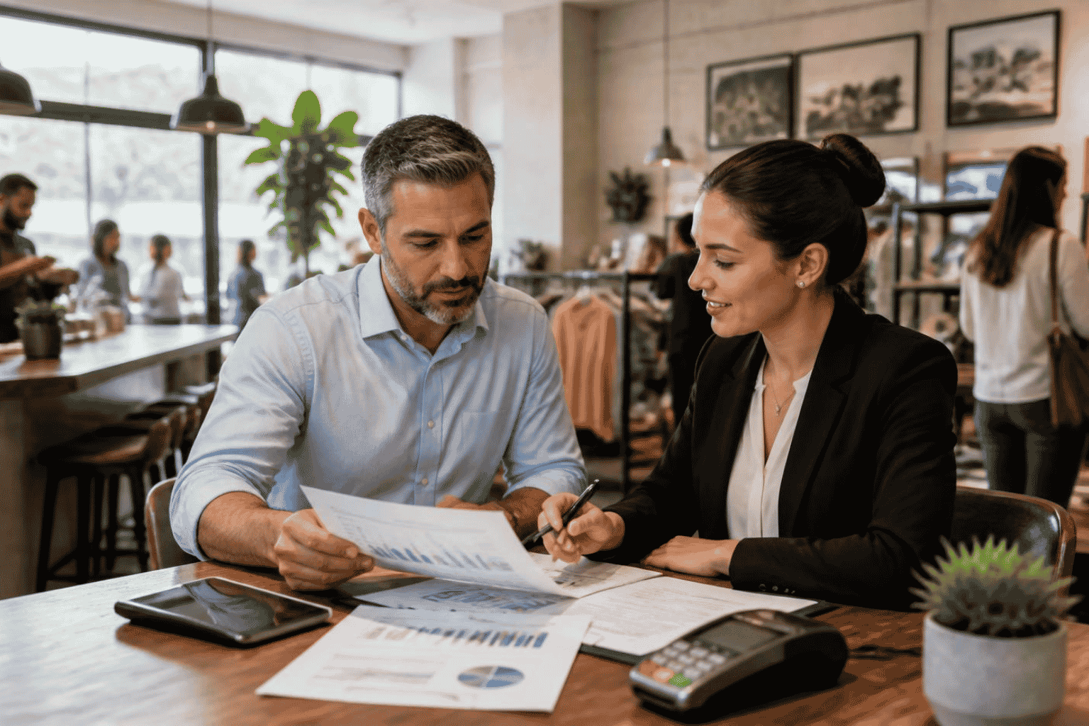 Business owner reviewing merchant cash advance qualification based on card sales and revenue