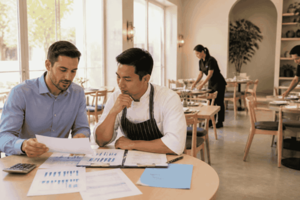 Restaurant owner reviewing card sales funding options and cash flow impact with a funding advisor