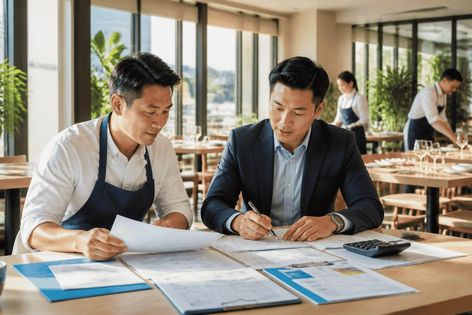 Restaurant owner reviewing working capital needs with a funding advisor