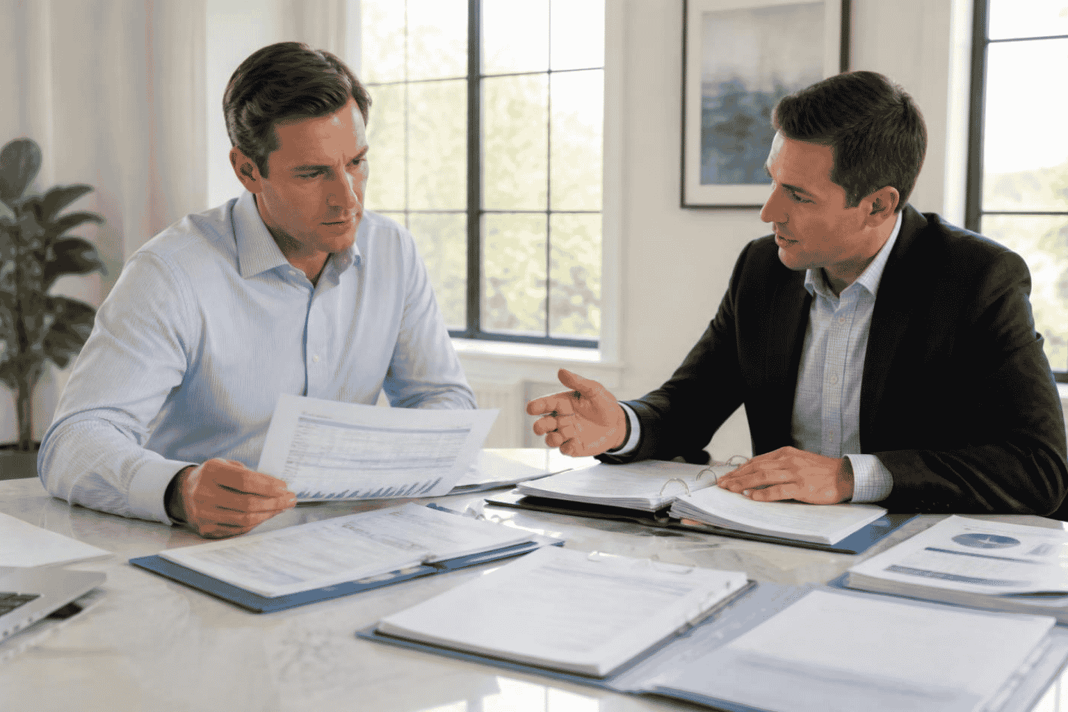Business buyer reviewing SBA acquisition loan readiness with a funding advisor