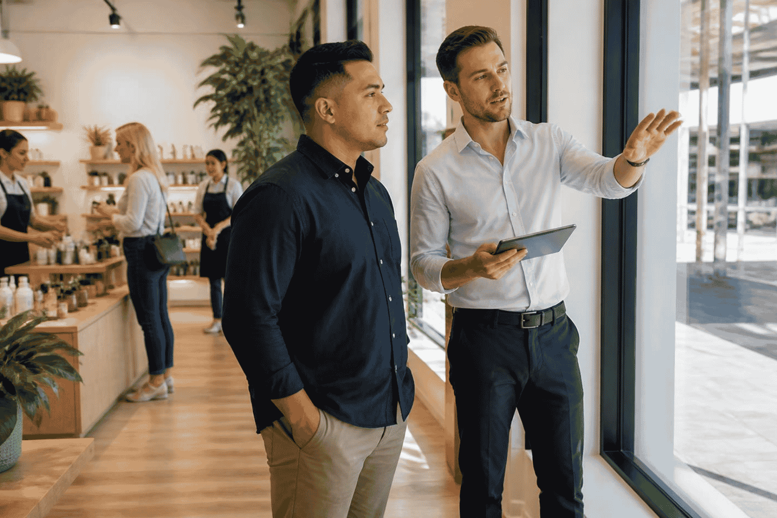 Business owner and consultant reviewing operations before opening a second business location