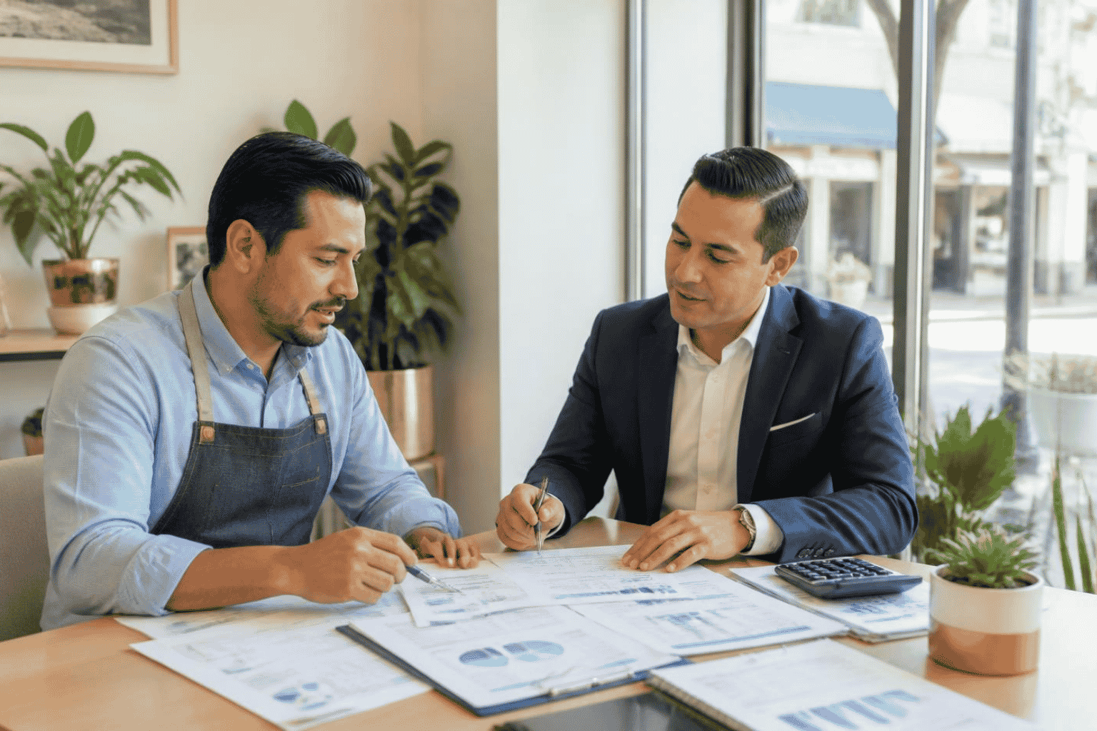 Small business owner reviewing expansion funding plans with a funding advisor