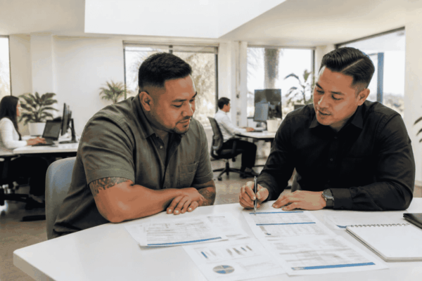 Business owner reviewing software financing readiness documents with a funding advisor