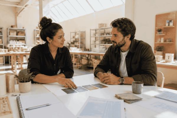 Startup founder reviewing first funding pathway options with a funding advisor