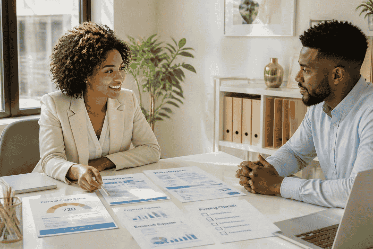 Small business owner reviewing business credit card readiness with a finance specialist