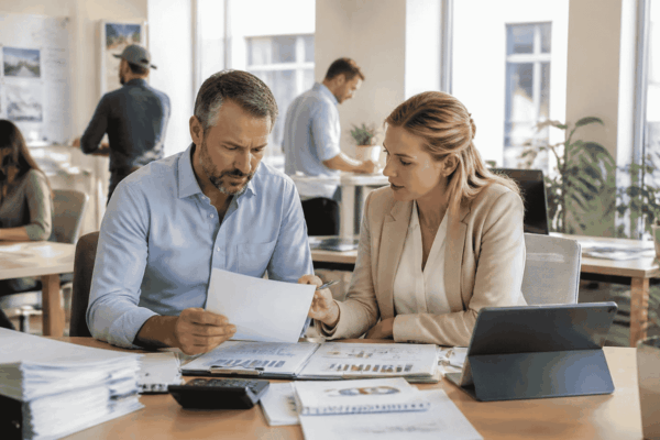 Business owner reviewing an unpaid B2B invoice while seeking invoice financing for working capital